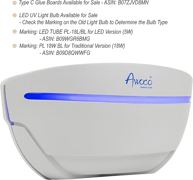 Awoco LED 5W 100V-240V Wall Mount Sconce Sticky Fly Trap Lamp XL 78” Extra Long Power Cord for Capturing Flying Insects, Flies, Mosquitoes, and Moths (Fly Trap XL + 6 Glue Boards)