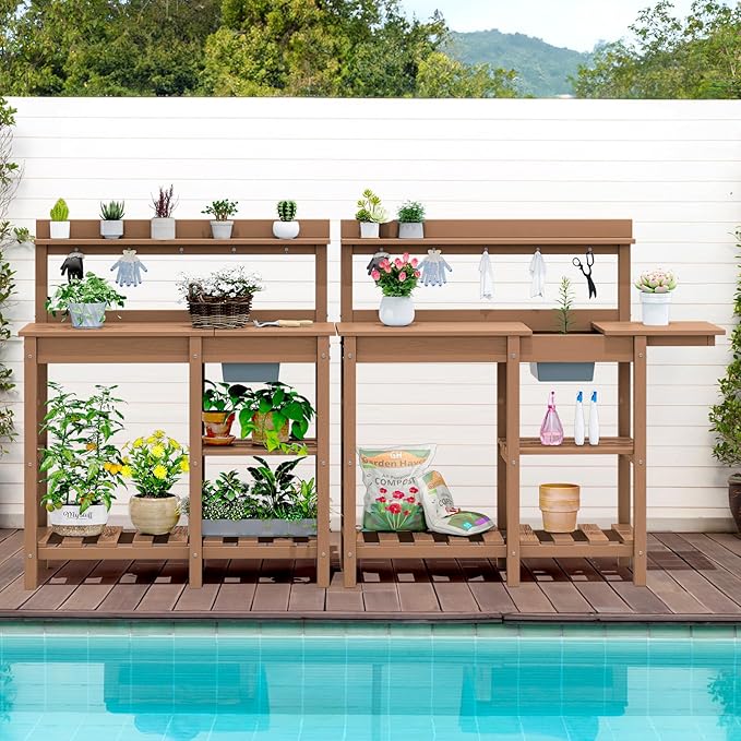 SERWALL Potting Bench Outdoor Potting Table with Sink, HDPE Teak Potting Benches for Outside Gardening Table All Weather Use- Brown