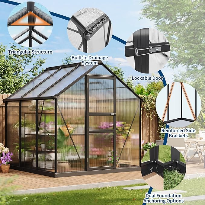 Greenhouse, 6×6FT Greenhouses for Outside, Polycarbonate Greenhouse with Aluminum Frame, Lockable Door and Ajustable Roof Vent for Backyard, Green Houses for Outside Garden Backyard, Patio