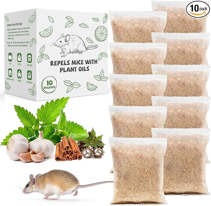 Pest Repellent Pouches, 10 Pack Peppermint Oil Repellent for Mouse, Roach, Rodent, Spider, Ant, Mice, Rats, Pest Control Indoor & Outdoor, Natural Mouse Deterrent Replace Traps Family & Pet Safe