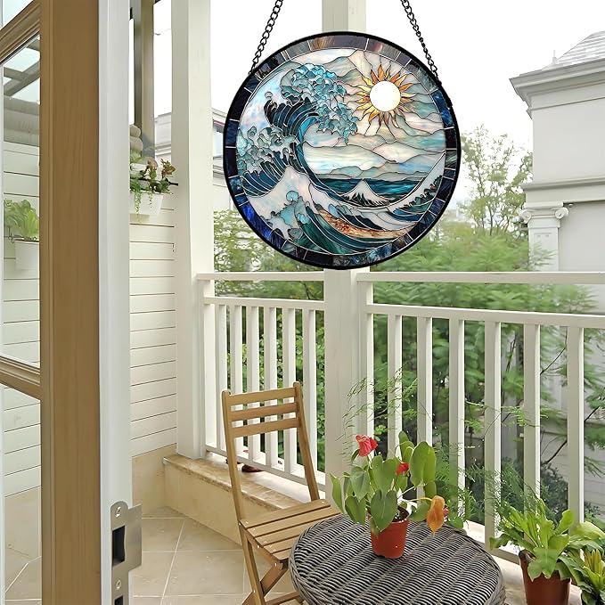 Stained Glass Window Hanging - White Sun Big Wave Suncatcher for Door Terrace Garden Home Decor Blue Ocean Landscape Sun Catcher Birthday Gifts for Lovers Women Men Dad Mom Nana 15 in