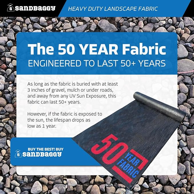 Sandbaggy 15 ft Heavy Duty Landscape Fabric | 50 Year Fabric | 6 oz Extra Thick Weed Barrier | Rock & Gravel Landscaping | UV Resistant | 365 Weed Free Guarantee (15 ft x 100 ft, 1, Count)