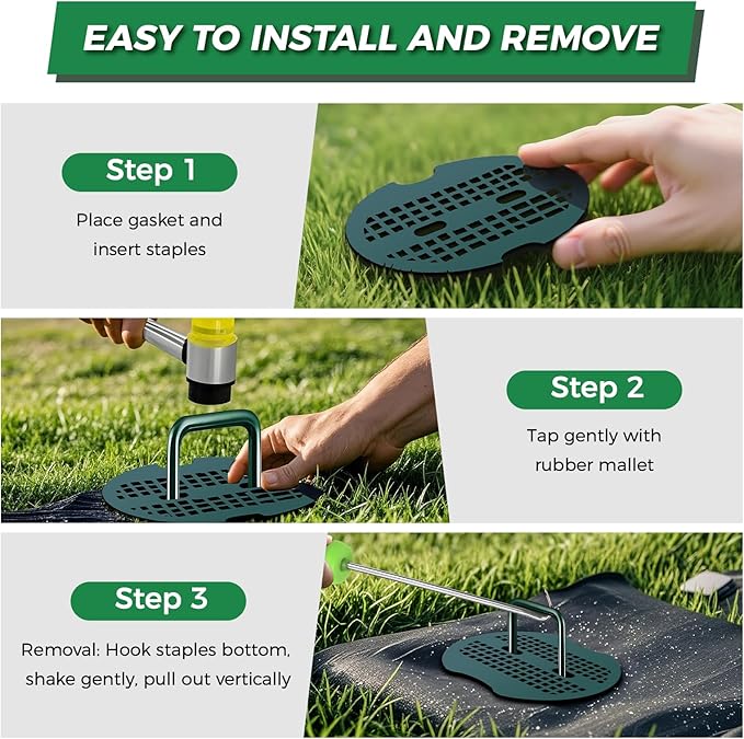 100pcs Green Landscape Stakes Staples 6 Inch +100pcs Gaskets+Hook Tool+Rubber Mallet, Heavy Duty Coated Landscape Staples, Galvanized Lawn Spikes Yard Ground Pin for Sod Artificial Grass Weed Barrier