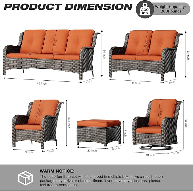 Joyside 4 Pieces Outdoor Patio Furniture Set Wicker Conversation Bistro Set 2 PE Wicker Patio with 2pcs Ottomans for Backyard, Porch, Balcony(Mixed Grey/Orange)