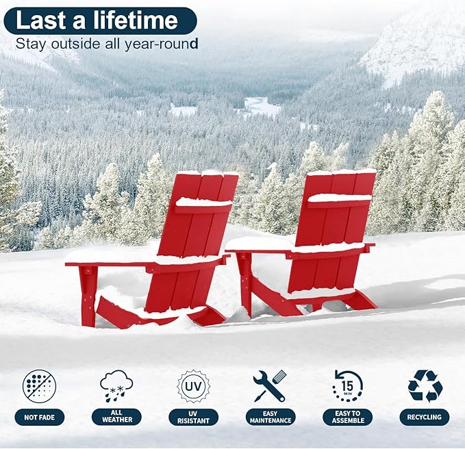 MXIMU Adirondack Chair Set of 4: Modern Adirondack Chairs Fire Pit Chairs Plastic Outdoor Chairs for Lawn Backyard Deck Garden Camping (Red)