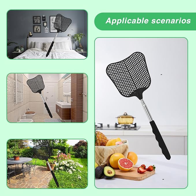 MYSTICHOME Fly Swatter 4 Pack, Durable Heavy Duty Plastic Fly Swatters, Stainless Steel Telescopic FlySwatter for Indoors/Outdoor/Kitchen/Garden (4 PCS Black)