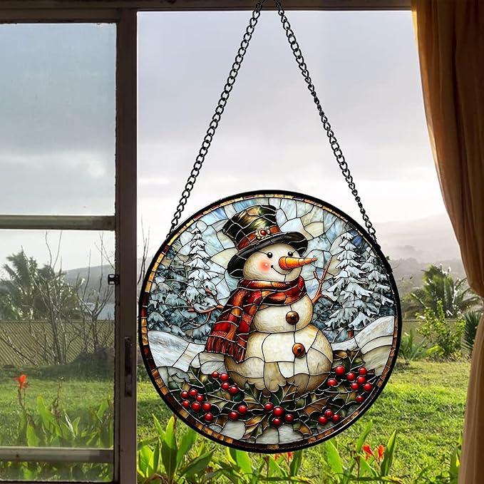 Stained Glass Window Hanging - Christmas Snowman Suncatcher for Door Terrace Garden Home Decor Winter Forest Snow Sun Catcher Birthday Gifts for Lovers Women Men Dad Mom Nana 7.8 in