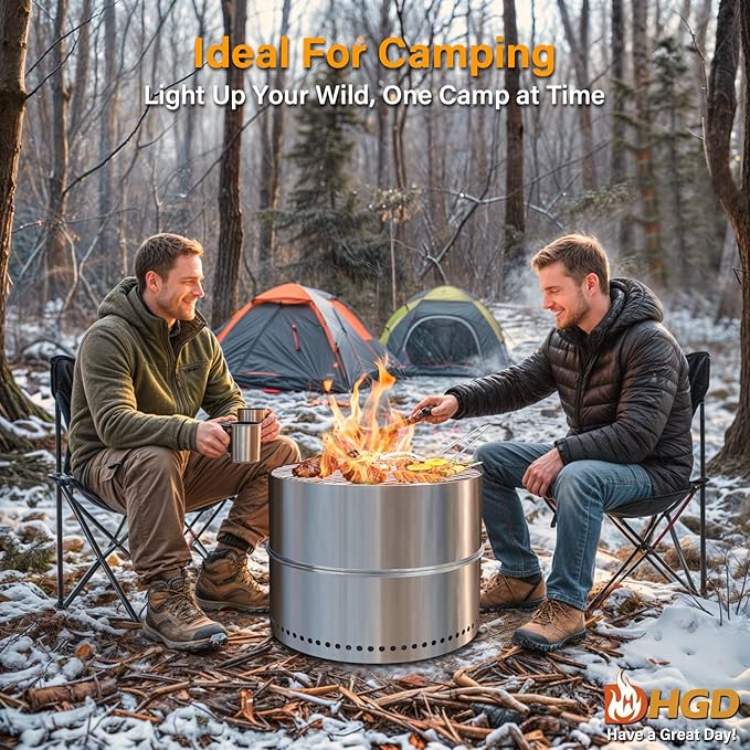 HGD 19.8 Inch Smokeless Firepit with Grill, Portable Wood Burning Fire Pit for Camping & Backyard, Stainless Steel Outdoor Fireplace with Travel Bag, Easy Setup & Compact Storage - Foldable Design