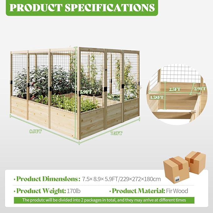 PaPaJet Wooden Raised Garden Bed for Outdoor, 1.6FT Depth Large Planter Box with Netting for Gardening, Vegetables, Flowers, Herbs(7.5× 8.9× 5.9FT)