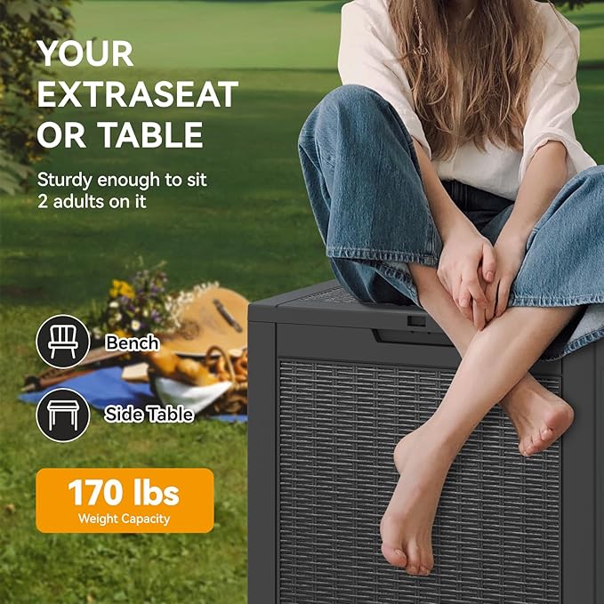 NUNU LAB 30 Gallon Waterproof Outdoor Storage Box, Lockable Resin Deck Box Bench for Patio Cushions, Garden Tools, Pool Accessories & Package Deliveries â Black