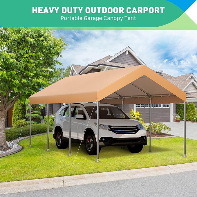 10x20 Ft Heavy Duty Carport, Portable Garage with Doors, Ventilated Windows, Waterproof and UV Resistant Carport Canopy for Cars, Boats, Suvs, Yellow