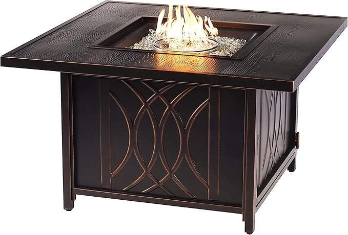 Oakland Living Black Aluminum Patio Fire Table Set with Four Club Chairs with Light Grey Cushions