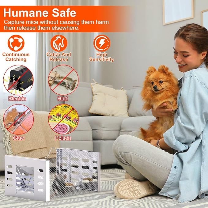 2 Pack Humane Rat Trap, Metal Automatic Continuous Mouse Chipmunk Cage Traps and Other Small Live Animals Cage, Easy to Catch and Release, Work for Indoor Outdoor