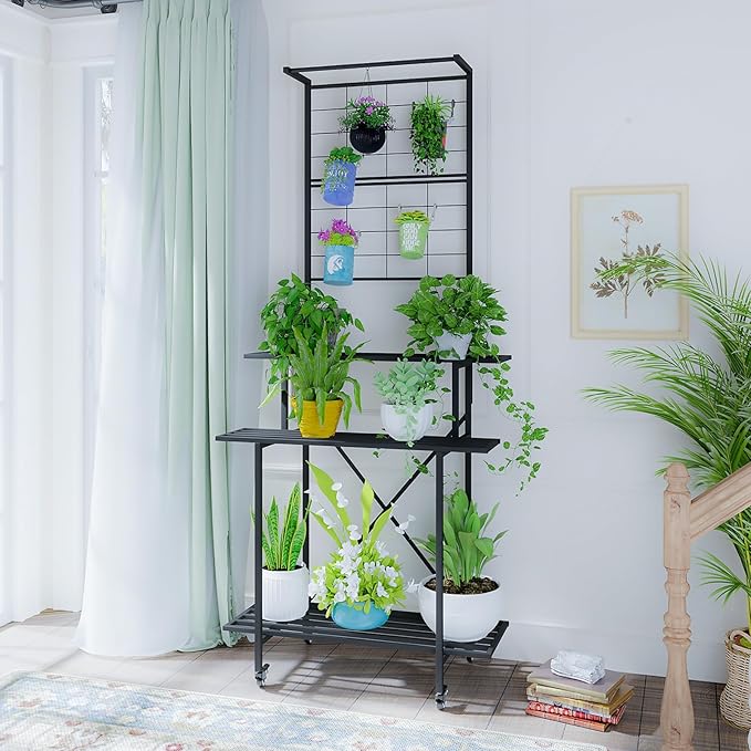 Zhongma 3 Tier Heavy Duty Plant Stand with Hanging Plant pot shelf with wheels, 35.43 L x 18.11 W x 81.1H multi layer plant Holder for Home, Garden, Plant Lovers,Metal Storage Rack Shelf/Freestanding Display Stand