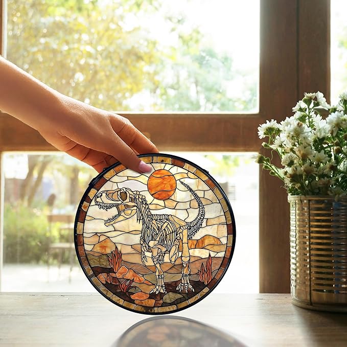 TNUW Dinosaur Skeleton Stained Glass Window Hanging, Prehistoric Dino Fossil Sunset Landscape SunCatchers Indoor Window Glass Round Wall Art Decor, Dinosaur Wall Hanging Decorations, 7.9"x7.9"