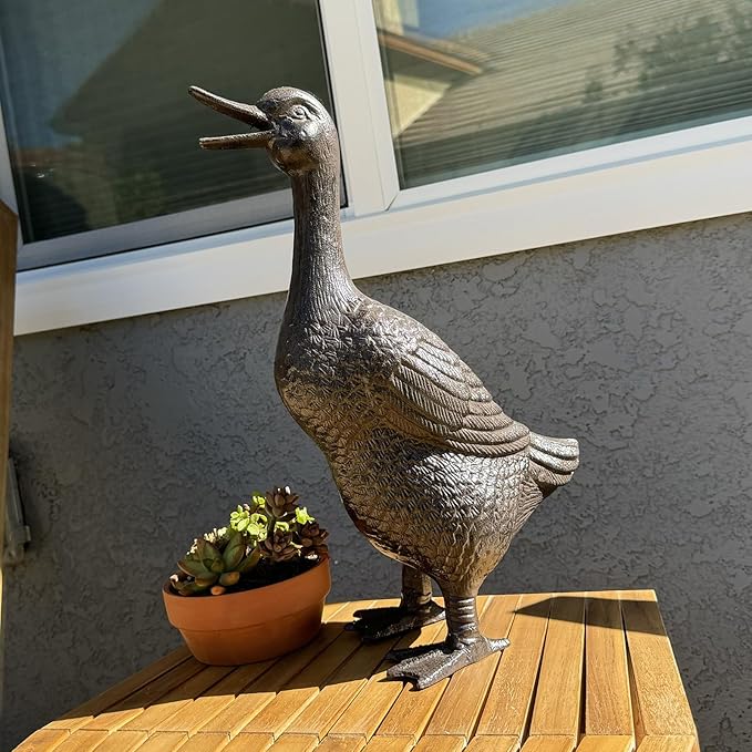 Cast Iron Duck Statue(15.7" Tall) - Heavy Duty Outdoor/Indoor Decor, Rust Brown Garden Art with Lifelike Feather Detailing, Weatherproof Bird Sculpture for Patio, Lawn & Home HC5387