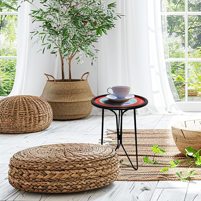 LIFFY Outdoor Side Tables, 12" Coffee Table Small Patio Table, Indoor Small Round Home Decorative End Table, Plant Stands Table Outside, for Yard Balcony Garden Bedside Pool Beach(Metal & Glass,Red)