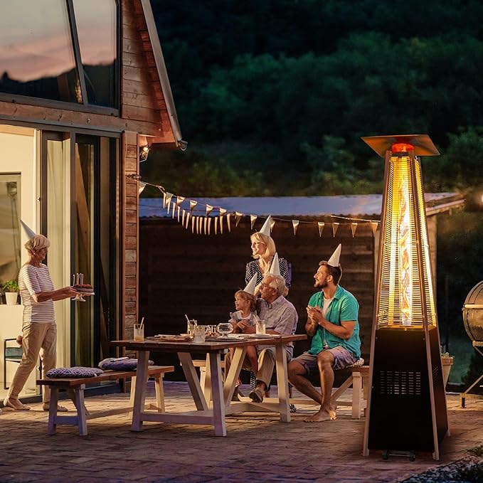 48,000 BTU Flame Pyramid Pool Heater, Triple Safety Protection Portable Patio Heater with Patio Cover, Warm Glass Tube with Durable Wheels-Black