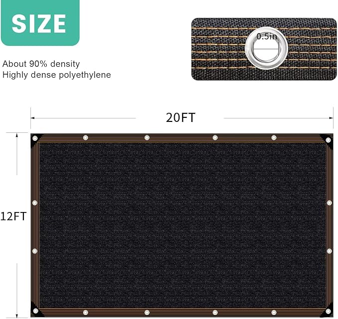 QNLONG Shade Cloth for Garden, 90% Black Shade Net Mesh Tarp with Grommets Sun Shade Cover Tear Resistance for Plants Greenhouse Chicken Coop Vegetables Pergola 12X20FT
