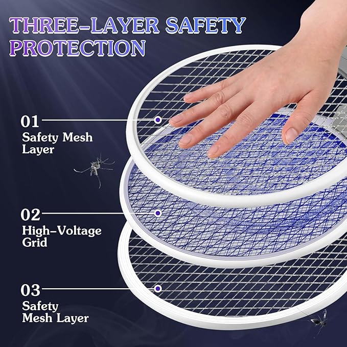 Qualirey 2 Pcs Electric Fly Swatter Racket 3000V 2 in 1 Bug Zapper Racket USB Rechargeable, Powerful Mosquitoes Trap Lamp and Fly Killer with 3 Layer Safety Mesh for Indoor Outdoor (White,Round)