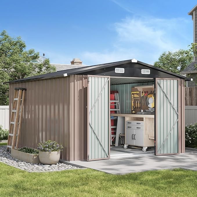 Aoxun 10 x 12FT Outdoor Storage Shed with Base Utility Garden Shed with Lockable Door & Sloped Roof Metal Sheds Outdoor Storage for Garden, Backyard, Patio and Backyard,(Brown/Base Included)