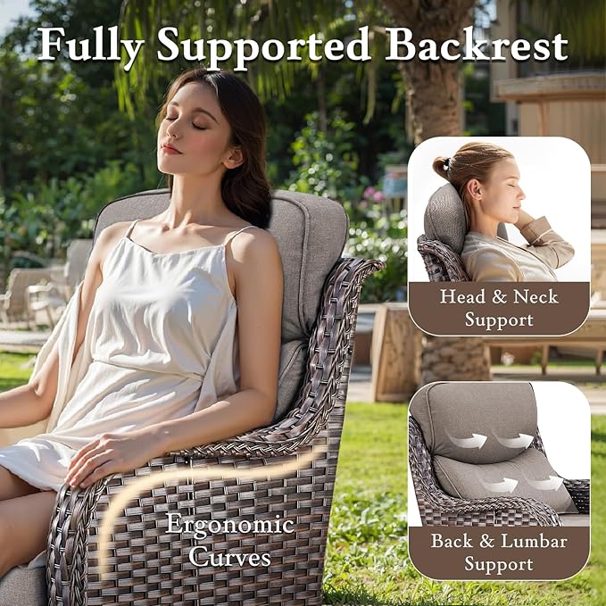 Luxury Outdoor Furniture Set with Swivel Chairs, High Back Swivel Patio Chairs with Ottoman, Side Table & 6-Inch Thick Cushions, Wicker Patio Furniture Set for Porch, Yard, Deck, Poolside, Brown/Grey