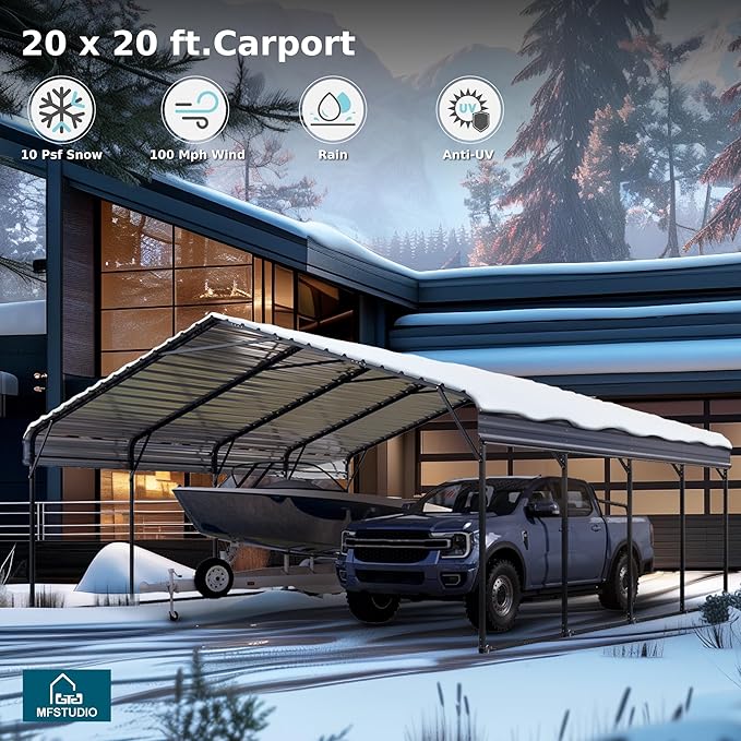 MFSTUDIO Carport 20x20 ft, Outdoor Heavy Duty Metal Shed Carports, Metal Garage Car Shelter Shade Car Port with Galvanized Roof, Frame and Bolts for 2 Cars, Truck and Boats