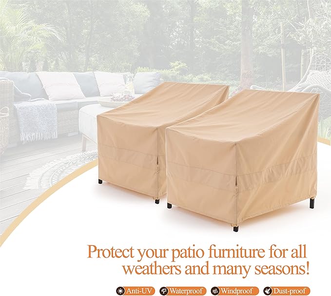 Patio Chair Cover, Outdoor Lounge Cover, Heavy Duty, Waterproof Lawn Patio Chair Covers, 33W x 35D x 36H, Beige, 2-Pack