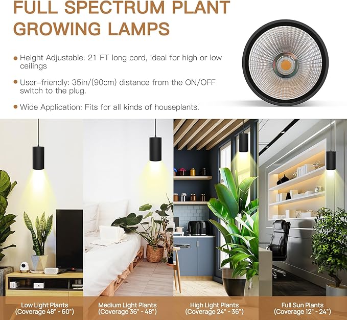 STERREN Hanging Grow Lights,Plug in Pendant Light for Indoor Plants,Full Spectrum Plant Light with ON/Off Switch, Auto Timer Decorative LED Grow Light with 21 FT Power Cord