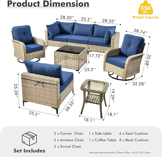 HOOOWOOO Outdoor Patio Furniture Set,8 Pieces Wicker Out Door Sectional Furniture L Shaped Couch,Patio Conversation Sets with Swivel Rocking Chair LED Table,Navy Blue