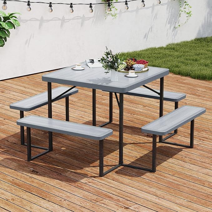 Tangkula 8 Person Picnic Table, HDPE Outdoor Square Table and Bench Set with 4 Built-in Benches, Umbrella Hole, Metal Frame for Garden Yard Patio Lawn