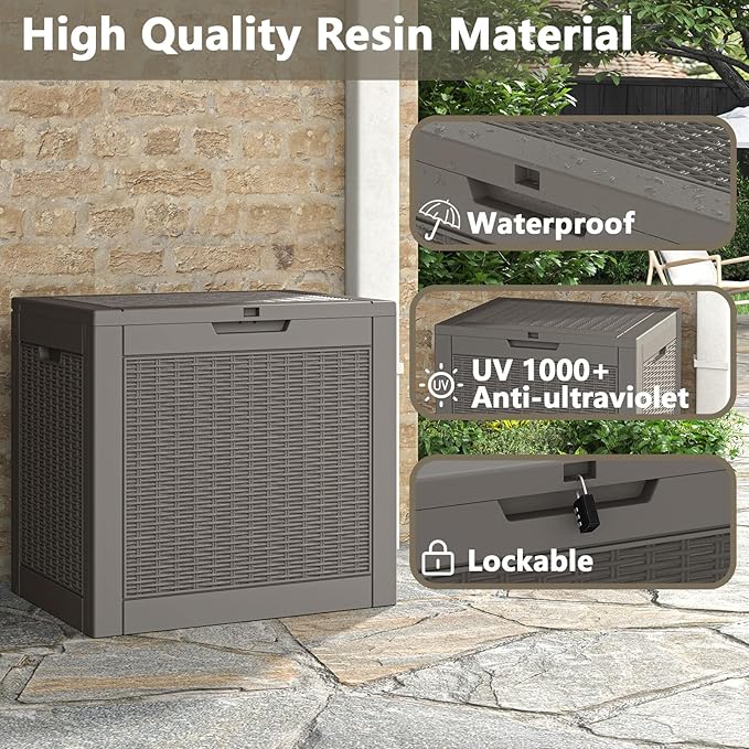 NUNU LAB 30 Gallon Waterproof Resin Deck Box, Lockable Outdoor & Indoor Storage Bench for Patio Cushions, Garden Tools, Pool Accessories & Package Deliveries â Grey