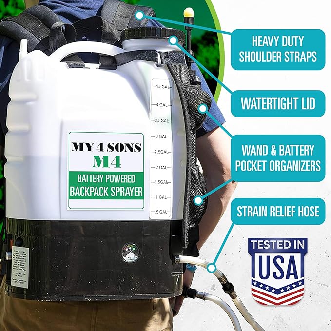 Backpack Sprayer - MY4SONS M4 4-Gallon Battery Powered - Cordless Electric Pump, Adjustable Wand, Waterproof Tank, Powerful 80 PSI Pump, Ideal for Garden, Lawn, Field, Fertilizers & Concrete Sealing