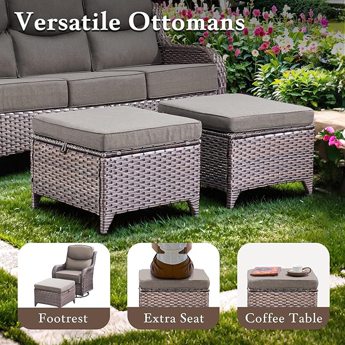 Luxury Outdoor Furniture Set with Swivel Chairs, High Back Swivel Patio Chairs with Ottoman, Side Table & 6-Inch Thick Cushions, Wicker Patio Furniture Set for Porch, Yard, Deck, Poolside, Brown/Grey