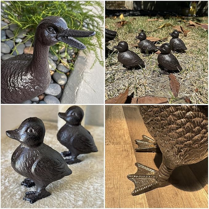Vintage Cast Iron Duck Family Garden Statue, Rust Brown Mother Duck(15.7" Tall) with 4 Ducklings(3.6" Tall), Outdoor Decorative Sculpture Set for Yard Patio HC5387-6905