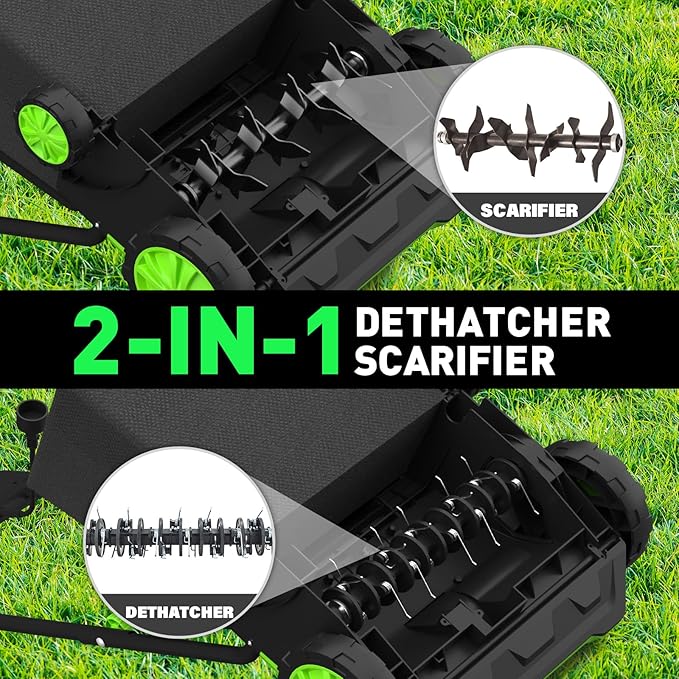 SOYUS Electric Dethatcher and Scarifier with 30L Collection Bag, 13-Inch 12 Amp 2-in-1 Corded Lawn Dethatcher with 4-Postion Depth Adjustment, Quick-Fold, Increases Lawn Health