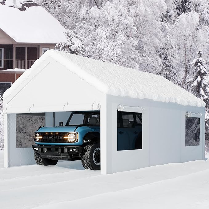Walsunny Carport 10x20ft Heavy Duty Carport Canopy with Roll-up Ventilated Windows, Portable Garage with Removable Sidewalls, Car Canopy with All-Season Tarp for Car, SUV, Truck, Boat