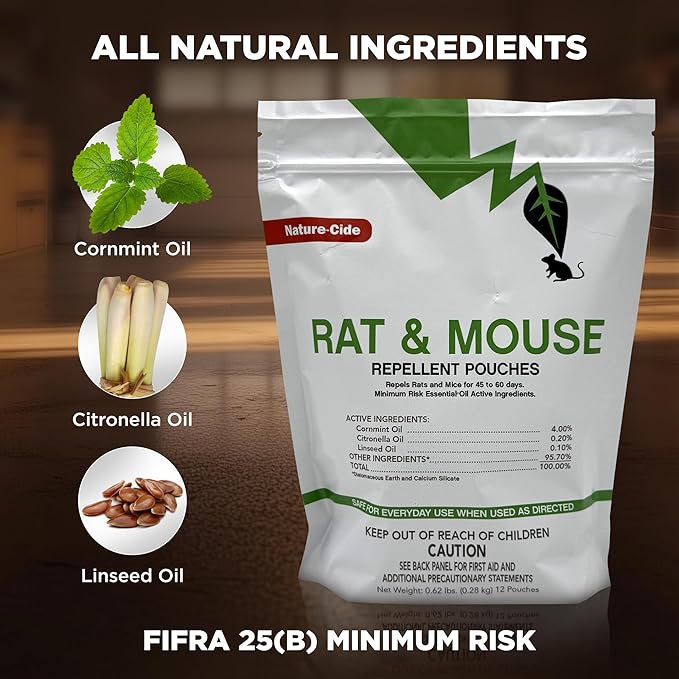 Nature-Cide Rat & Mouse Pouches - Plant-Based Formula for Indoor & Enclosed Spaces - Fresh Mint Aroma, 45-60 Day Use - 25 sq ft Coverage per Pouch (Pack of 12)