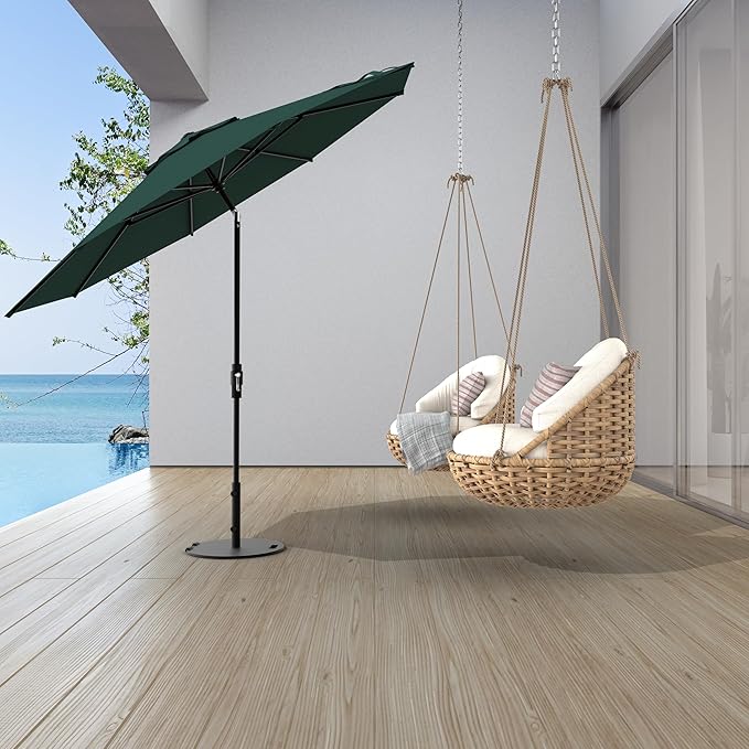 Midtown Umbrellas The Swilt 8 Feet Patio Umbrella in Terylast Forest (Dark Green) Polyester Fabric - Fiberglass Ribs, Auto-Tilt Aluminum Frame For Backyard, Deck, Garden, Pool - White Pole