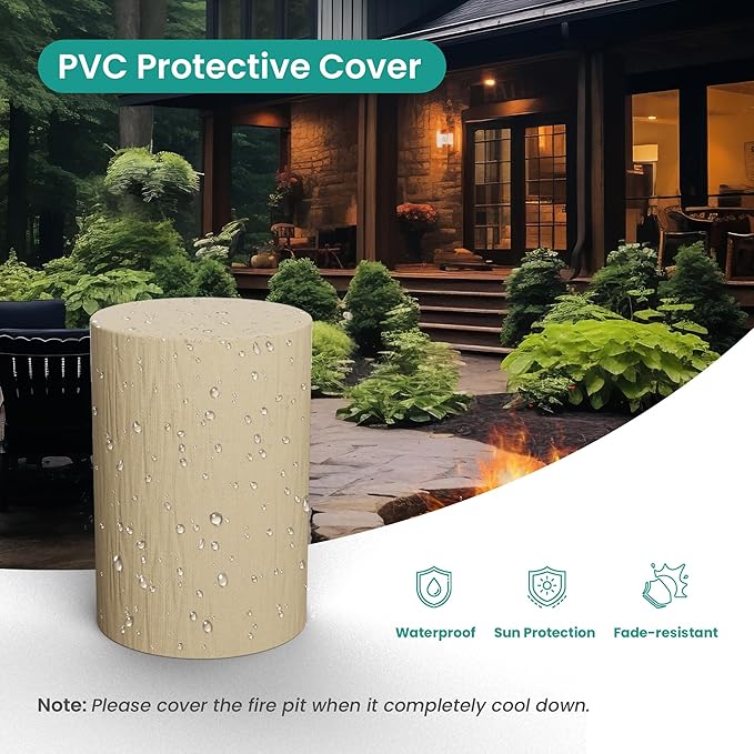 SUNBURY Outdoor Propane Fire Pit, Stone Like Fire Pit Table with Glass Wind Guard, Waterproof Cover, 40000BTUS Small Column Firepit Garden Lighting, CSA Certified (Grey)