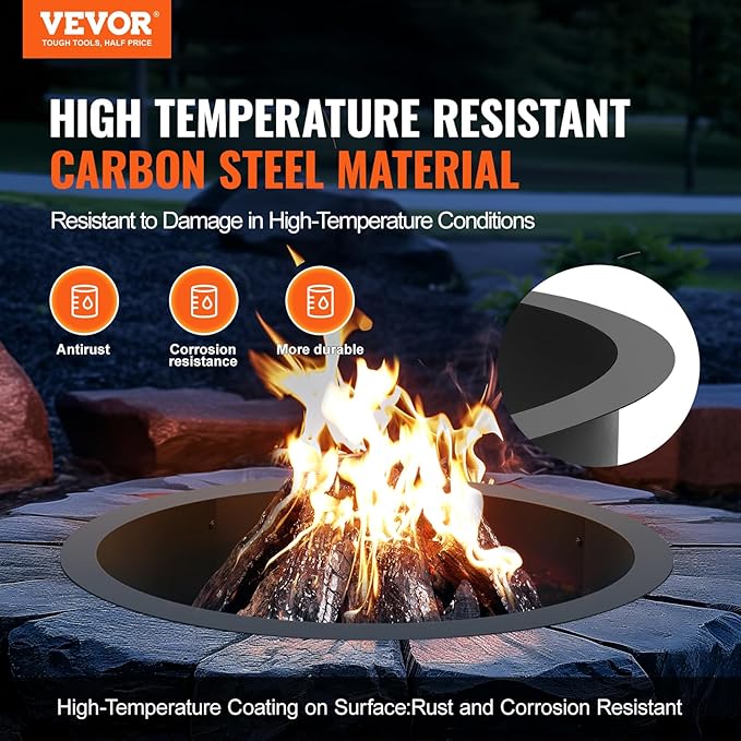 VEVOR Fire Pit Ring, 35-Inch Outer/31-Inch Inner Diameter, 10inch Height Fire Pit Insert, Heavy Duty Carbon Steel Liner DIY Campfire Ring Above or In-Ground, for Outdoor Camping, Bonfires