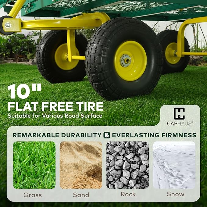 CAPHAUS Metal Green Garden Cart, w/ 180° Adjustable Yellow Handle, w/Mat and Strap, Heavy Duty 880 lbs Capacity, w/ 10” Flat-Free Tires, Sides Removable, Utility Wagon, Yard Cart, for Garden, Farm