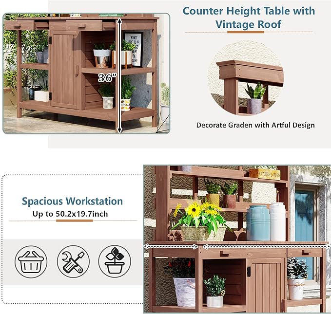 66" Outdoor Potting Bench Workstation - Farmhouse Style Wooden Garden Table with Drawers, Cabinet & Open Shelves (Brown + Solid Wood + originalwood)