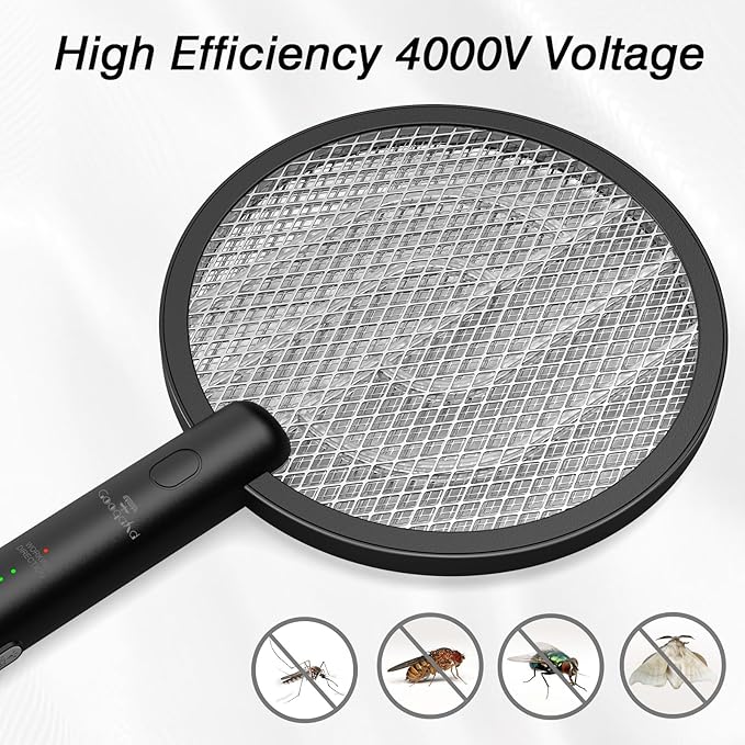 Bug Zapper Racket, 2 in 1 Fly Swatter USB Rechargeable, 4000V Electric Fly Zapper with 4 Layer Safety Mesh,Electric Racket for Kitchen, Home, Garden and Outdoors