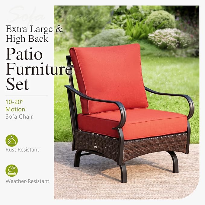 Sophia & William Extra Large Outdoor Patio Motion Sofa Chairs Set 2 PCS Heavy-Duty Metal Porch Furniture with High Back & Deep Seating Area, 5.5" Thicken Cushions for Deck, Lawn, Outside (Red)
