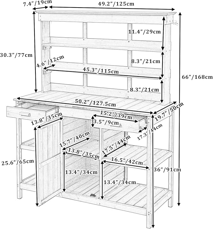 66" Outdoor Potting Bench Workstation - Farmhouse Style Wooden Garden Table with Drawers, Cabinet & Open Shelves (Brown + Solid Wood + originalwood)