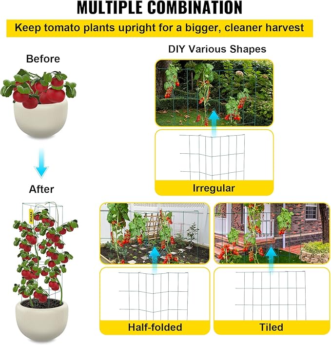 VEVOR Tomato Cages, 14.6" x 14.6" x 39.4", 6 Packs Square Plant Support Cages, Green PVC-Coated Steel Tomato Towers for Climbing Vegetables, Plants, Flowers, Fruits