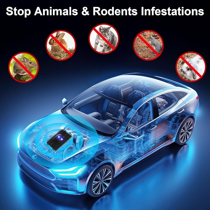 Qualirey 2 Pcs Under Hood Rodent Car Repeller Battery Operated Ultra Sonic Rat Rodent Electronic Repellent with Strobe Light Pest Car Prevention Keep Animal Mice Out of Engines Garage
