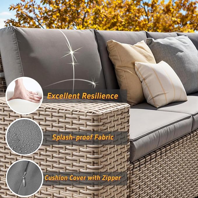 6 Pieces Patio Furniture Set, Outdoor Sectional Wicker Sofa with Thickened Cushions and Coffee Table, High Back Rattan Patio Conversation Sets for Garden Backyard, Grey