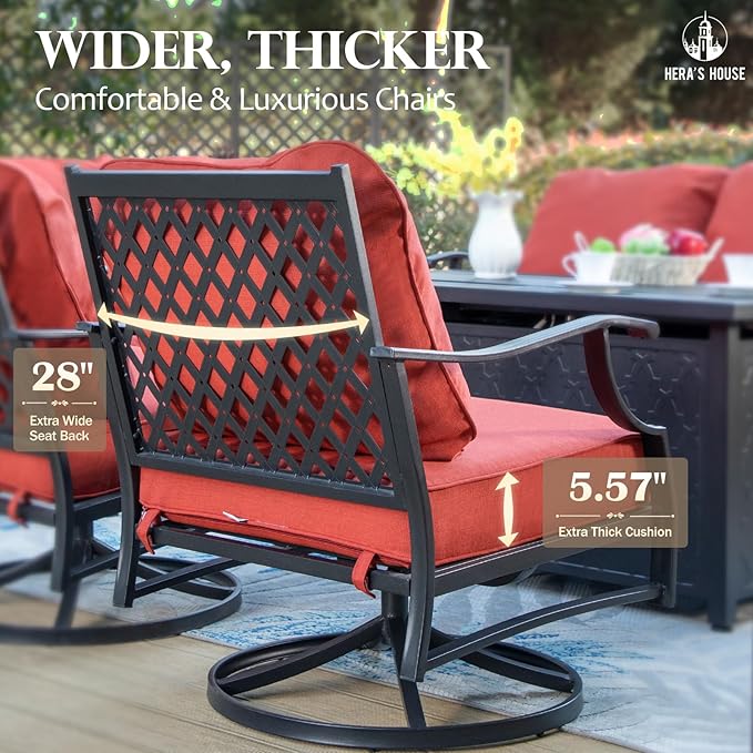 HERA'S HOUSE 7 Piece Patio Furniture Set, 2 x Rocking Chair, 2 x Fixed Chair, 2 x Ottoman, 1 x 3-Seat Sofa, All Cushioned 9 Seats Metal Outdoor Conversation Set for Lawn Garden Backyard